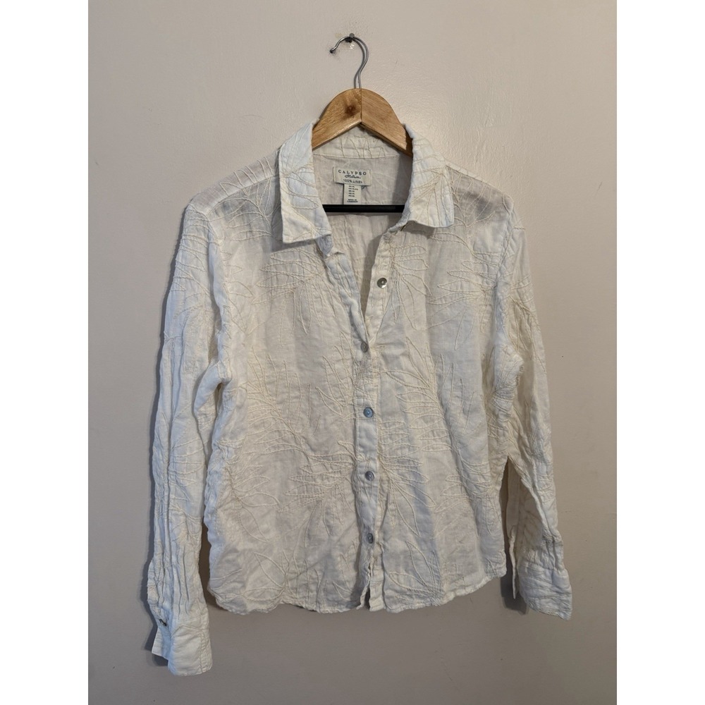 Calypso St. Barth White 100% Linen Button Down Shirt Embroidered Leaves Size XL